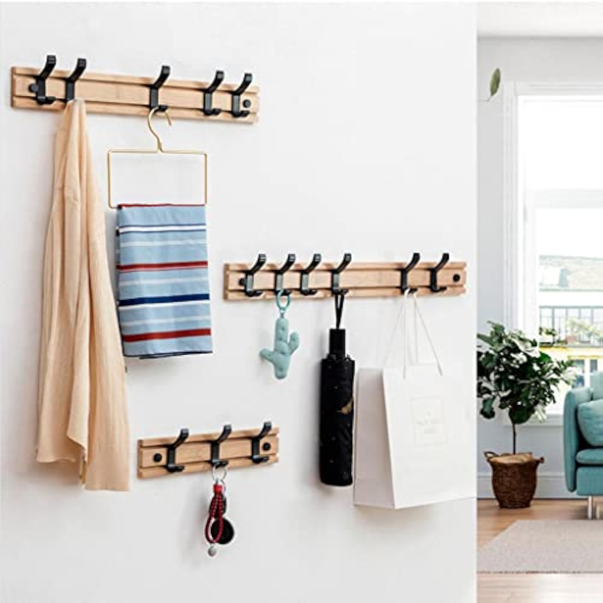 Bamboo Coat Rack Hooks, Wall Mounted, 5 Hooks